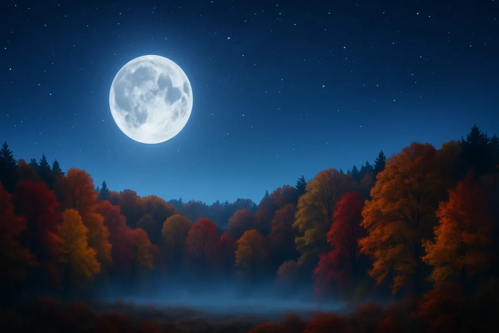 Leuchtender Vollmond über herbstlichem Wald im Oktober 2025